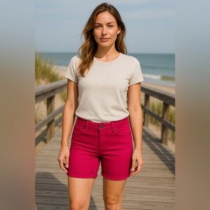 Liverpool Pink Jean Shorts Fitted Stretch Mid-Thigh